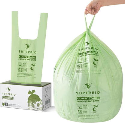 SUPERBIO 13 Gallon Compostable Kitchen Waste Bags with Handles, Food Scrap Bags Certified by BPI