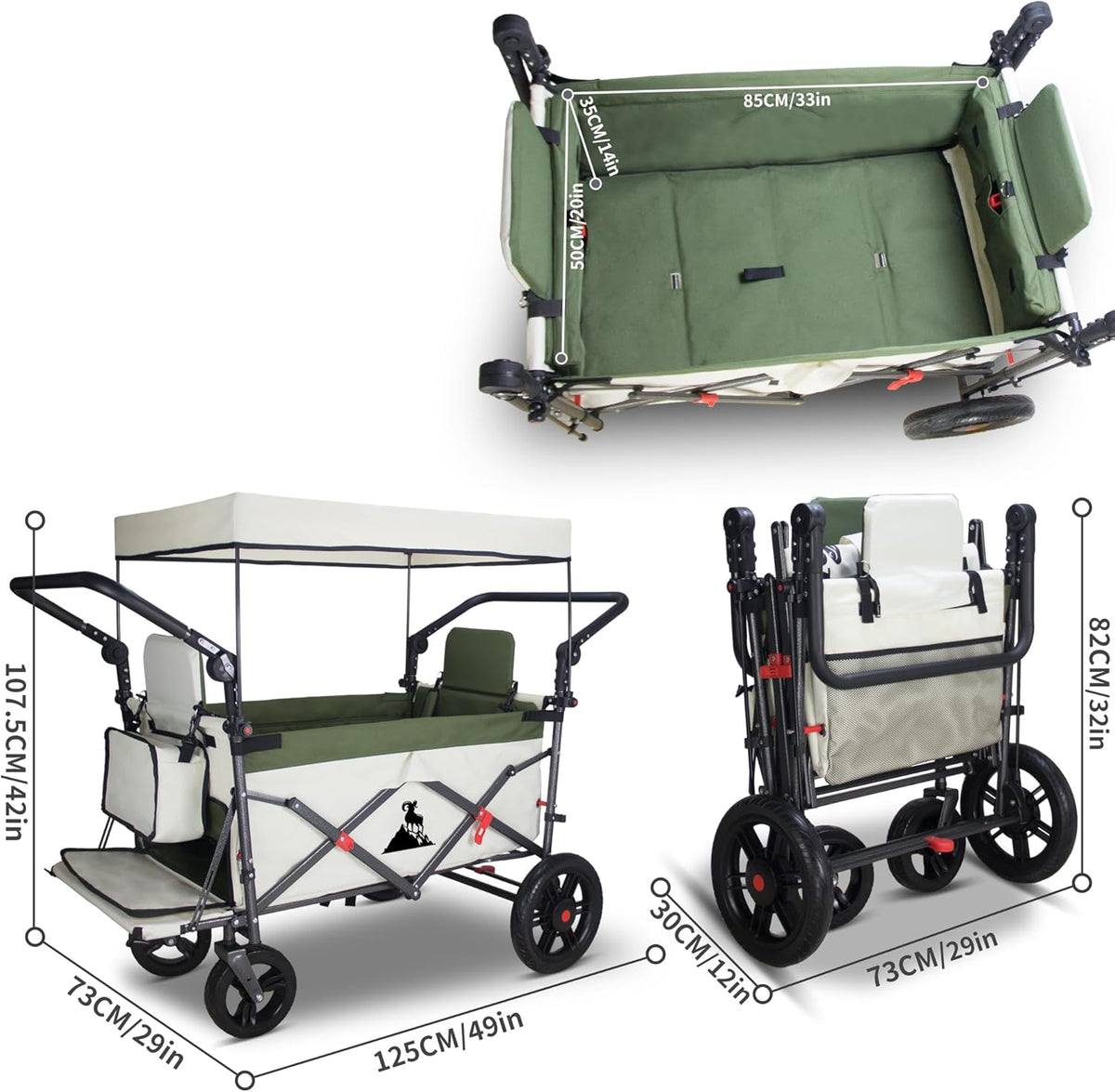 Foldable Wagon with Canopy - Collapsible Utility Cart with 2 Seats & Belts, Adjustable Handle