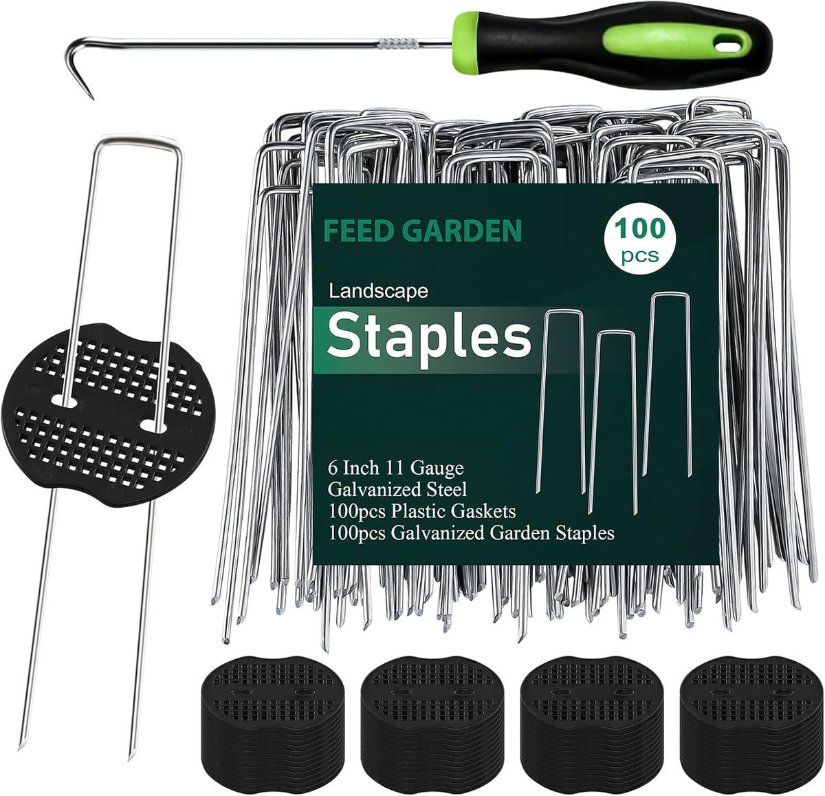 FEED GARDEN 6 Inch 100 Pcs Galvanized Landscape Staples 100 Pcs Gaskets Pick Hook Garden Stakes 11