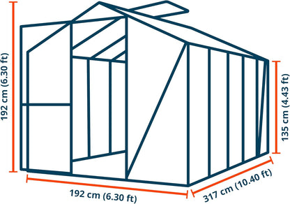 Greenhouse Jasmin 5 Aluminum Frame - 6.3 x 10.4 ft Approx. 6 mm Polycarbonate Panels - Bonus Base