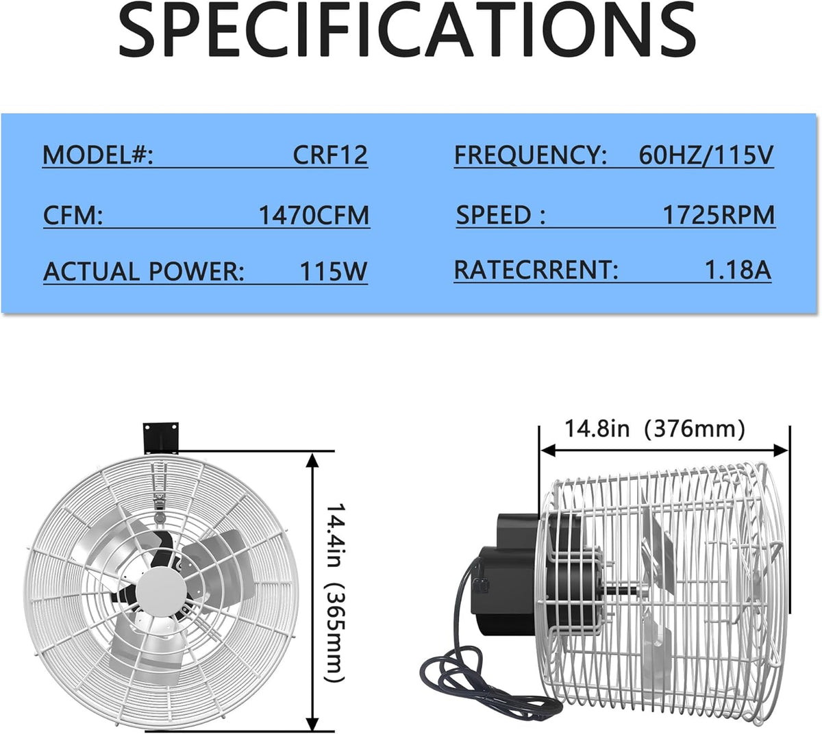 Greenhouse Air Circulation 1/10 HP 115V Ceiling Wall Mount Fan 1470CFM High Speed Circulation Fan