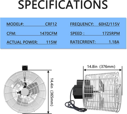 Greenhouse Air Circulation 1/10 HP 115V Ceiling Wall Mount Fan 1470CFM High Speed Circulation Fan