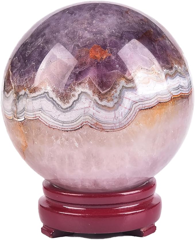 JIC Gem Large Healing Crystal Sphere Ball with Wooden Stand Amethyst Agate Crystal Decorative Ball