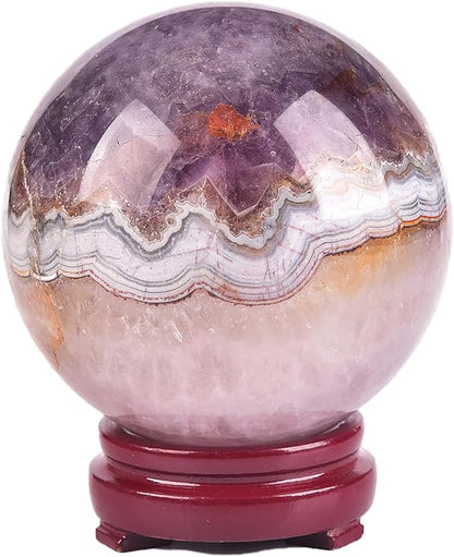 JIC Gem Large Healing Crystal Sphere Ball with Wooden Stand Amethyst Agate Crystal Decorative Ball