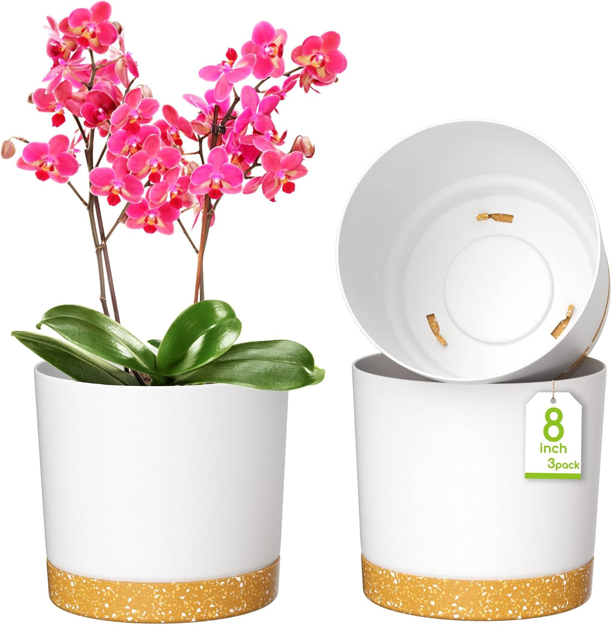 ZMTECH Plant Pots, Set of 3 8'' Self Watering Plastic Planter with Drainage Hole and Saucer, Modern