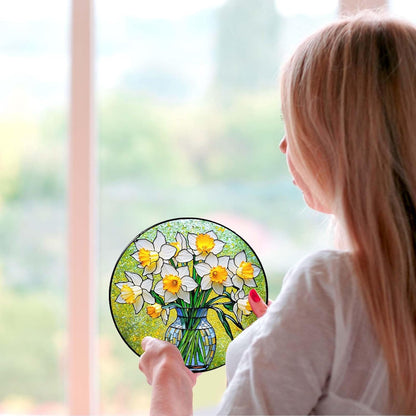 Daffodils Stained Glass Window Hanging Daffodils SunCatcher Plant Flower Gifts for Women Wall Decor