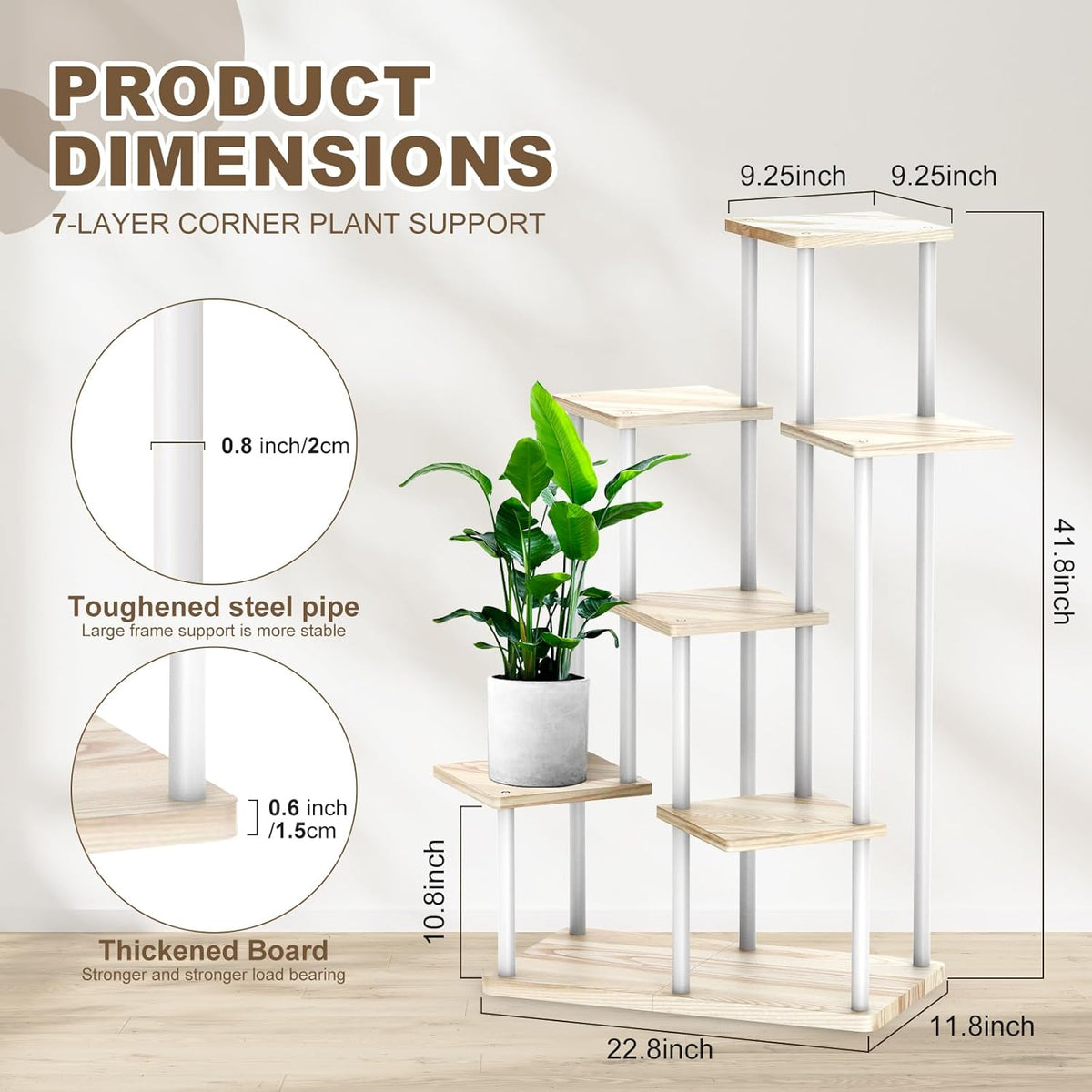 7 Tier Wood Tall Plant Stand Metal Rack Indoor, Multiple Flower Pot Holder Shelves Corner Rack
