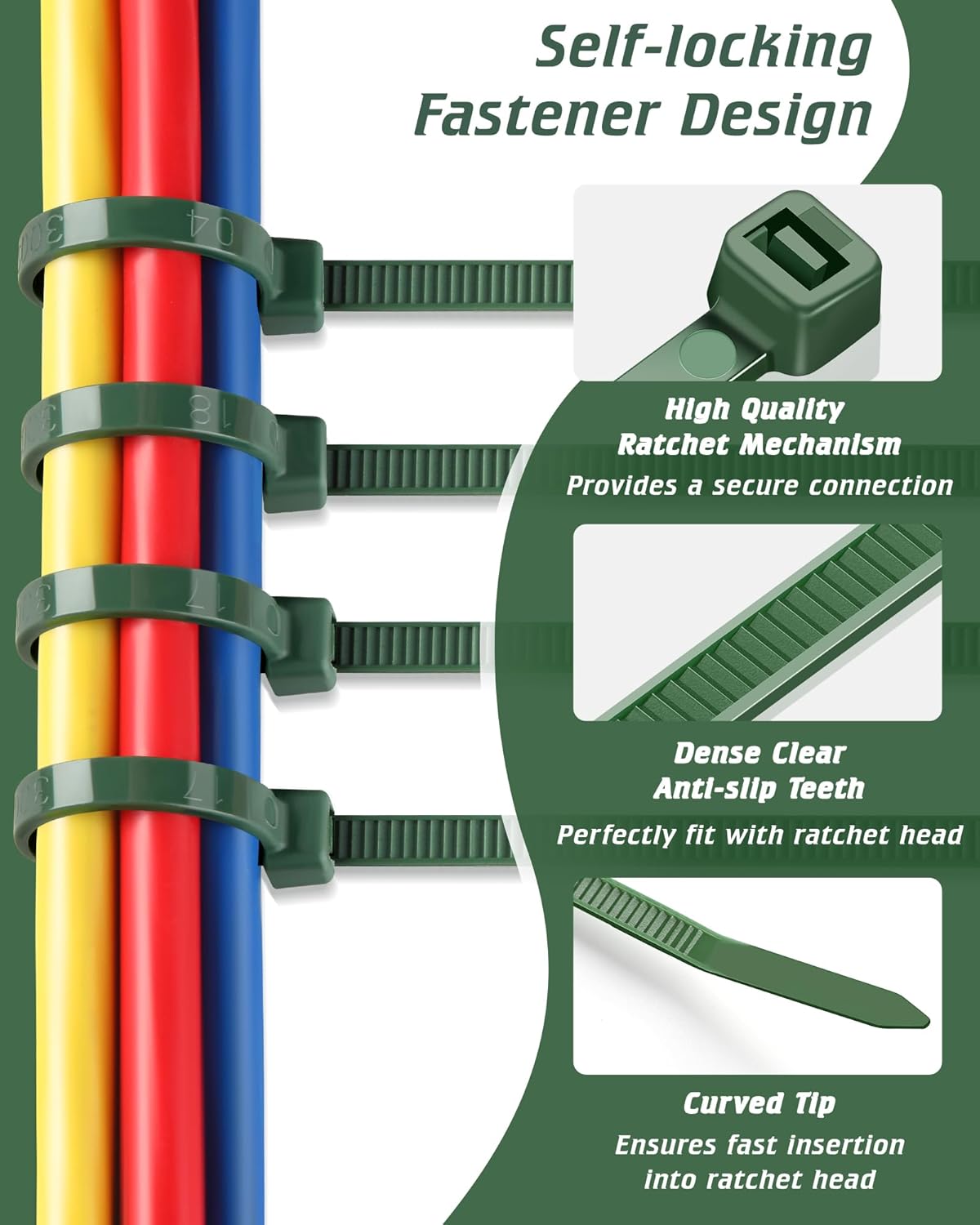 8 Inch PA66 Green Zip Ties, 100 Pcs 3.6mm Heavy Duty Plastic Wire Ties with 45 Lbs, Premium