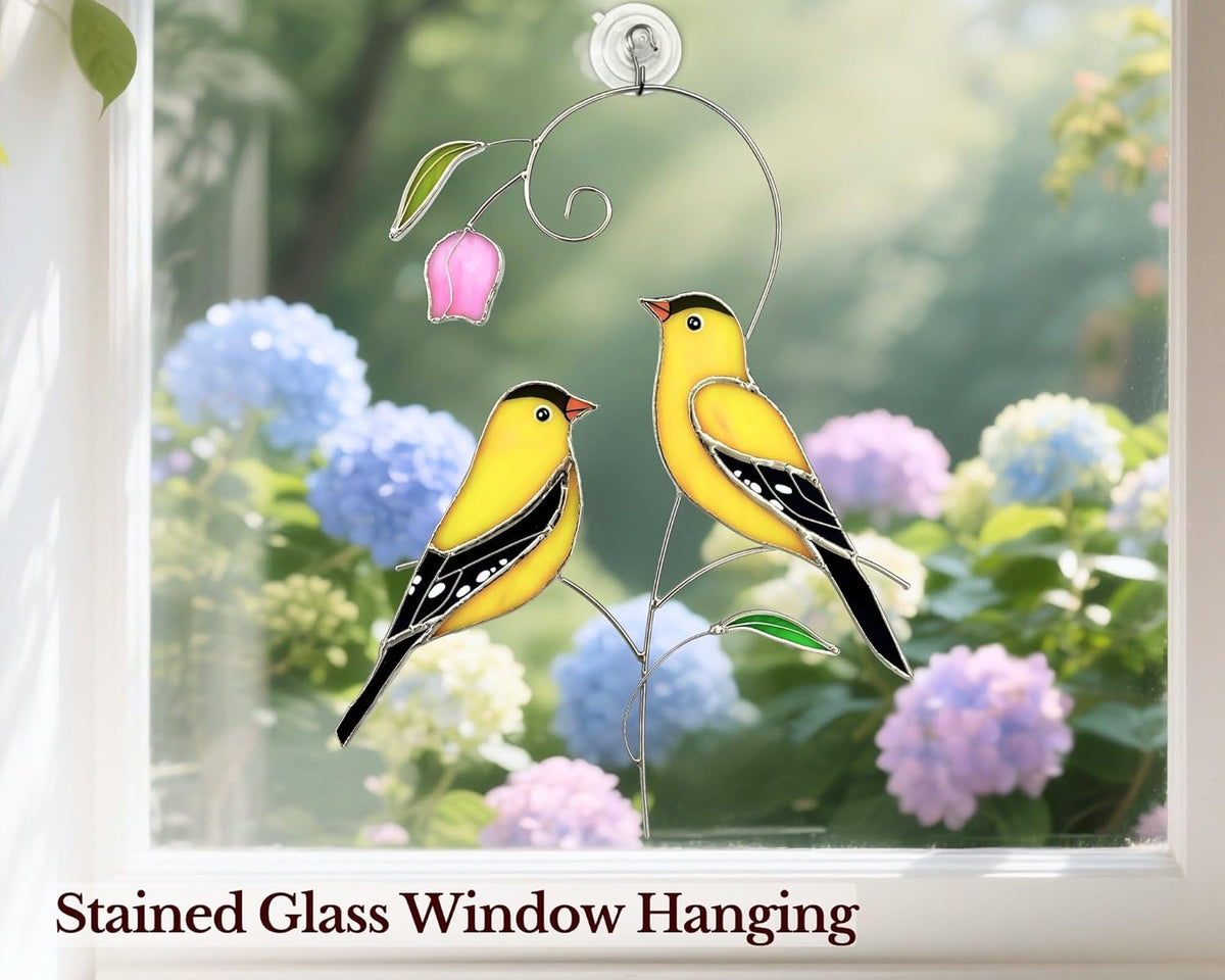 Goldfinch (1 Pair) Stained Glass Birds Suncatcher for Mom, Grandma, Women - Real Glass Window
