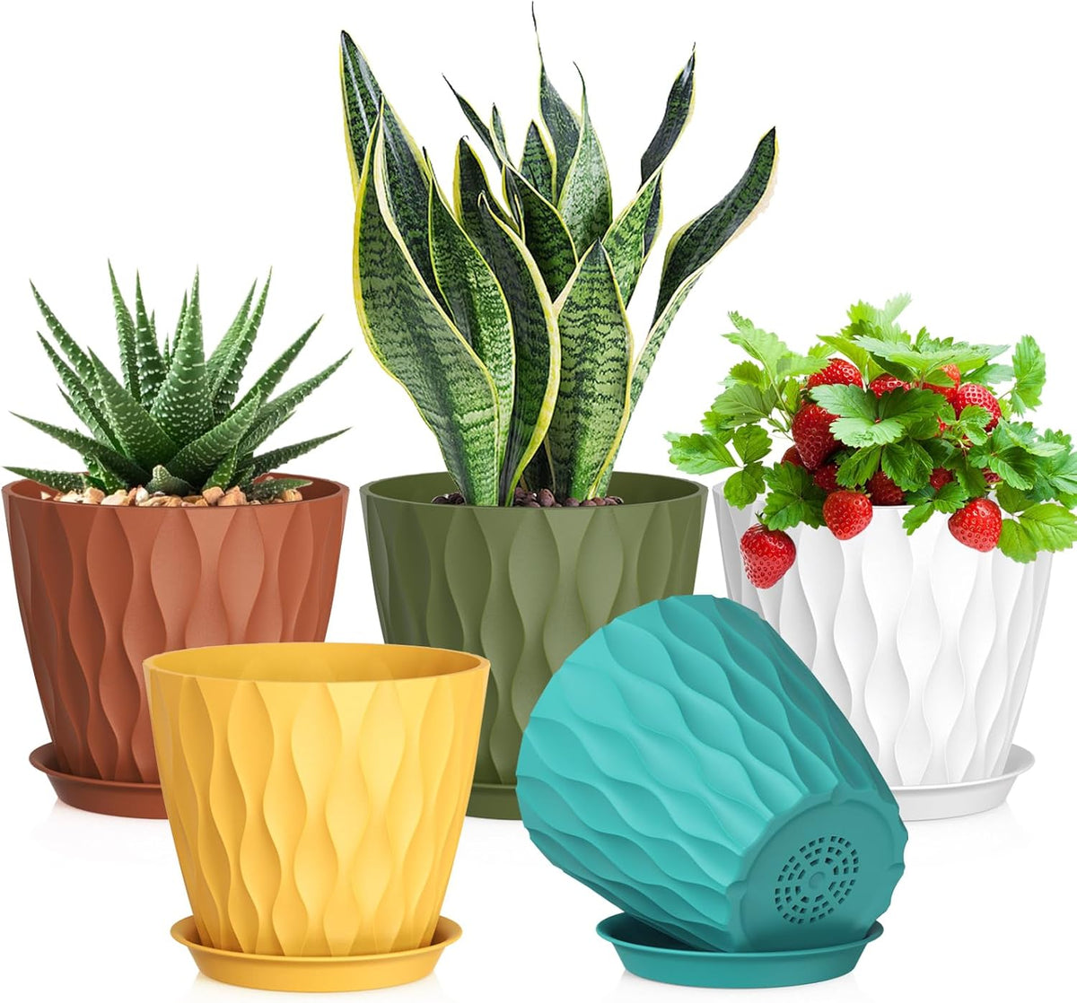 7 inch Plant Pots for Indoor Outdoor Plants, 5 Pack Thick Nursery Pots with Drainage Holes and