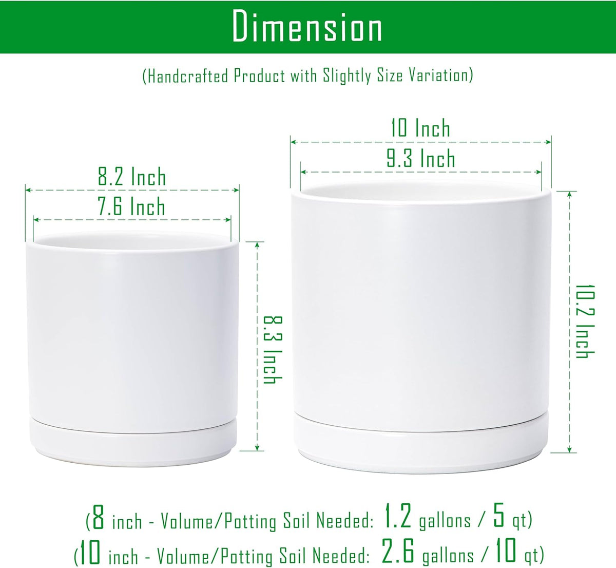 D'vine Dev 8.2 Inch & 10 Inch Ceramic Planter Pot for Plants with Drainage Hole and Saucer, Large