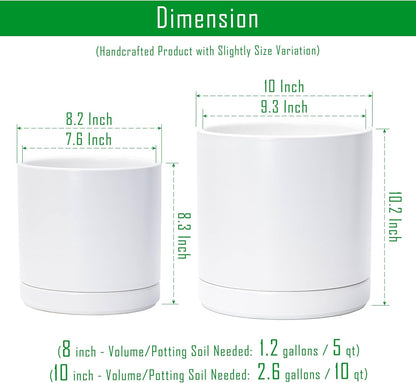 D'vine Dev 8.2 Inch & 10 Inch Ceramic Planter Pot for Plants with Drainage Hole and Saucer, Large