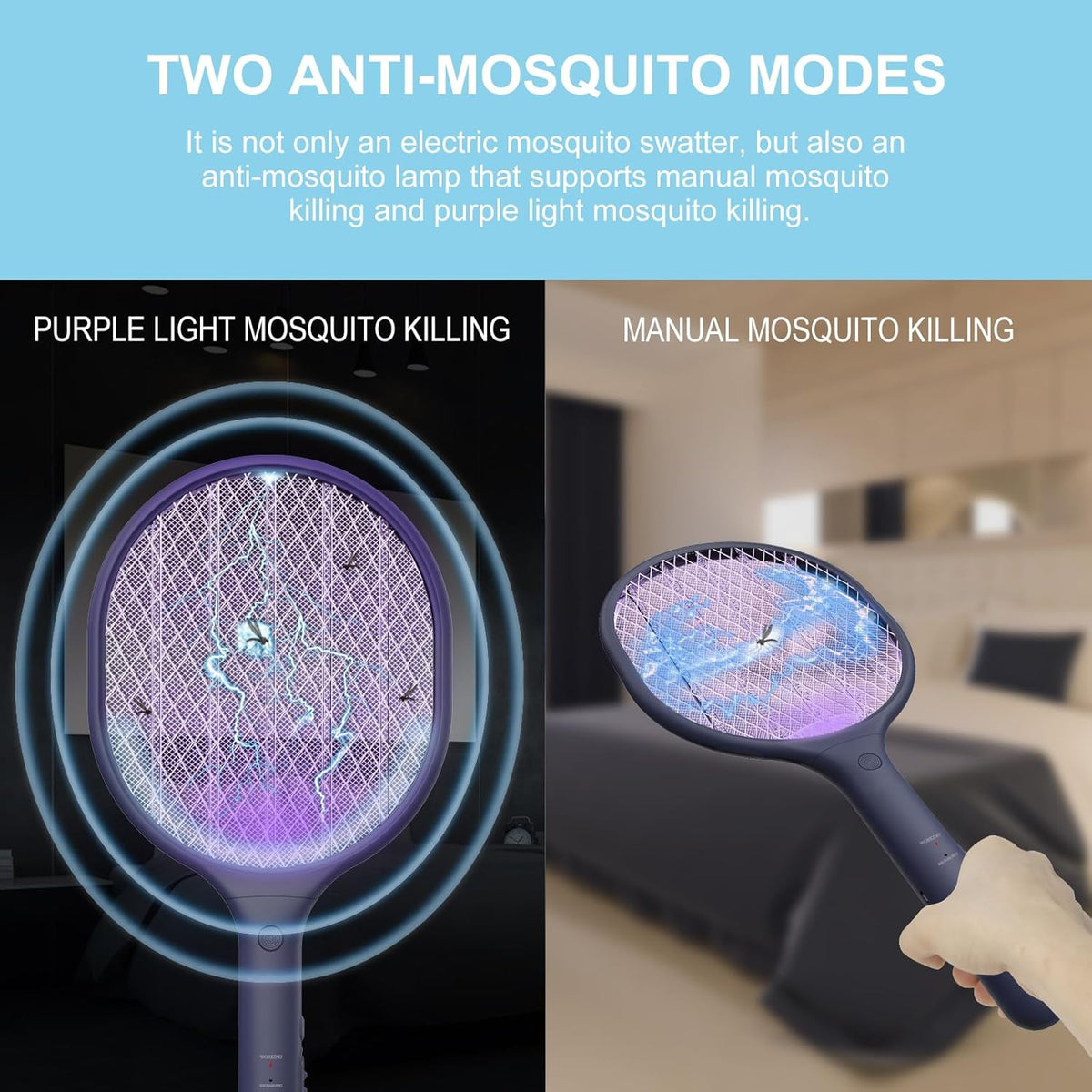 Electric Fly Swatter 2 Pack, 3000V Bug Zapper Racket Fly Zapper with 1500mAh Rechargeable Battery