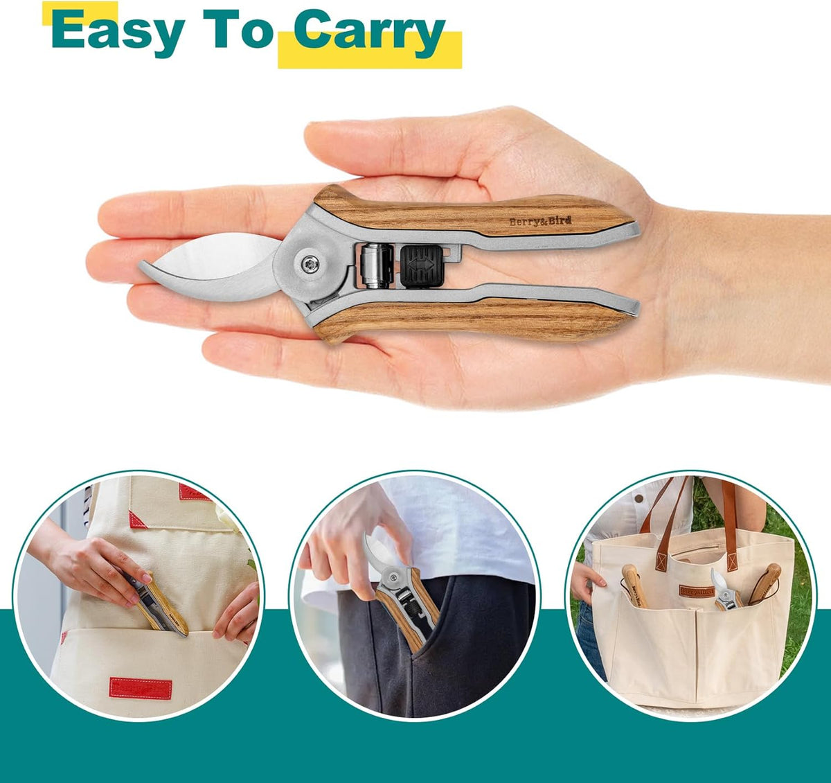 Berry&Bird Mini Pruning Shears for Gardening Curved Blades Hand Pruners with Wooden Handle Garden