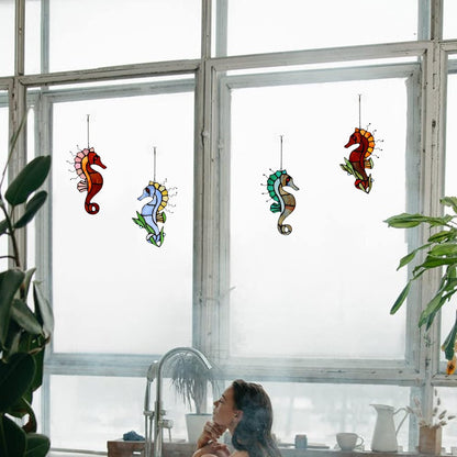 Seahorse Decor Stained Glass Window Hanging,Sea Nautical Gift Suncatcher Hanging Ocean Theme Decor