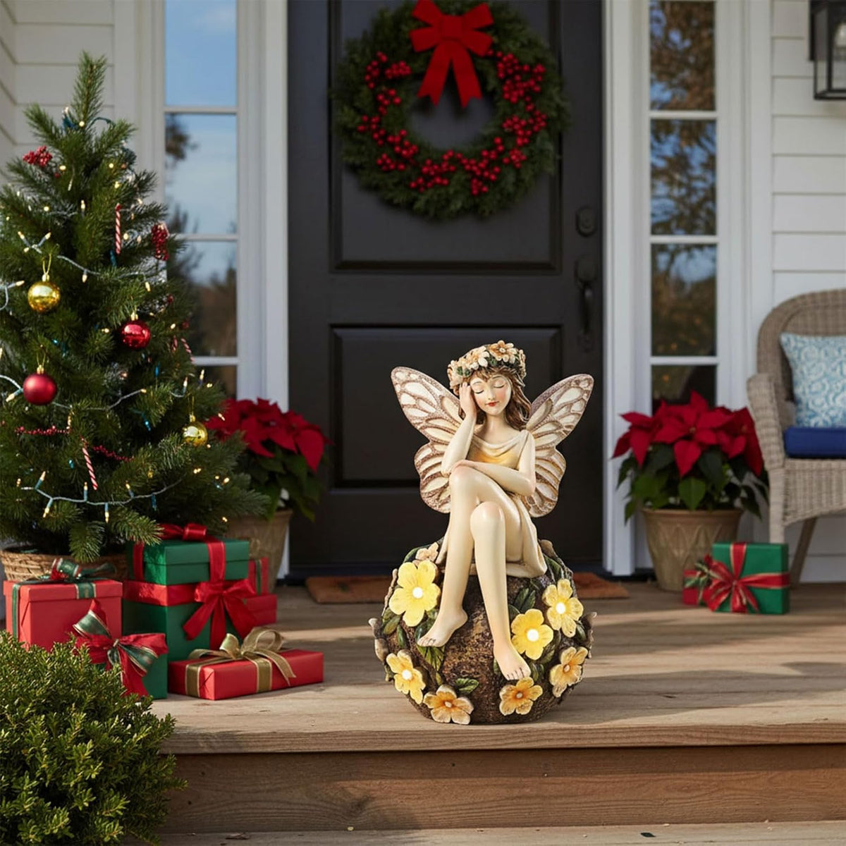 Solar Fairy Statue Sitting on The Flower Ball Light 6.8" Angel Statues for Garden Yard Patio Porch