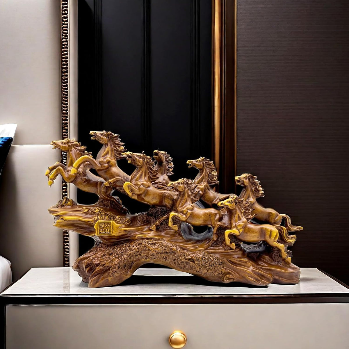 13.7 Inch Chinese Feng Shui Running Horses Statue Sculpture Frgurines Good Lucky Gift for FengShui