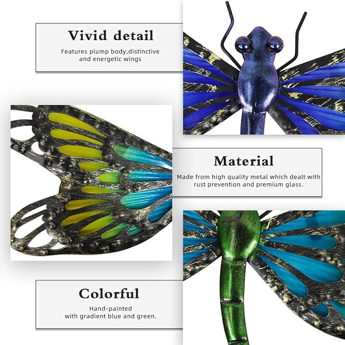 HONGLAND 2Pcs Metal Dragonfly Wall Decor Outdoor Dragonfly Wall Art Glass Sculpture for Home