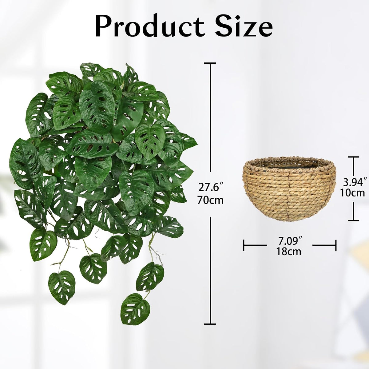 Large Fake Hanging Plants in Pot for Indoor & Outdoor, Long Artificial Monstera Albo Long Plants