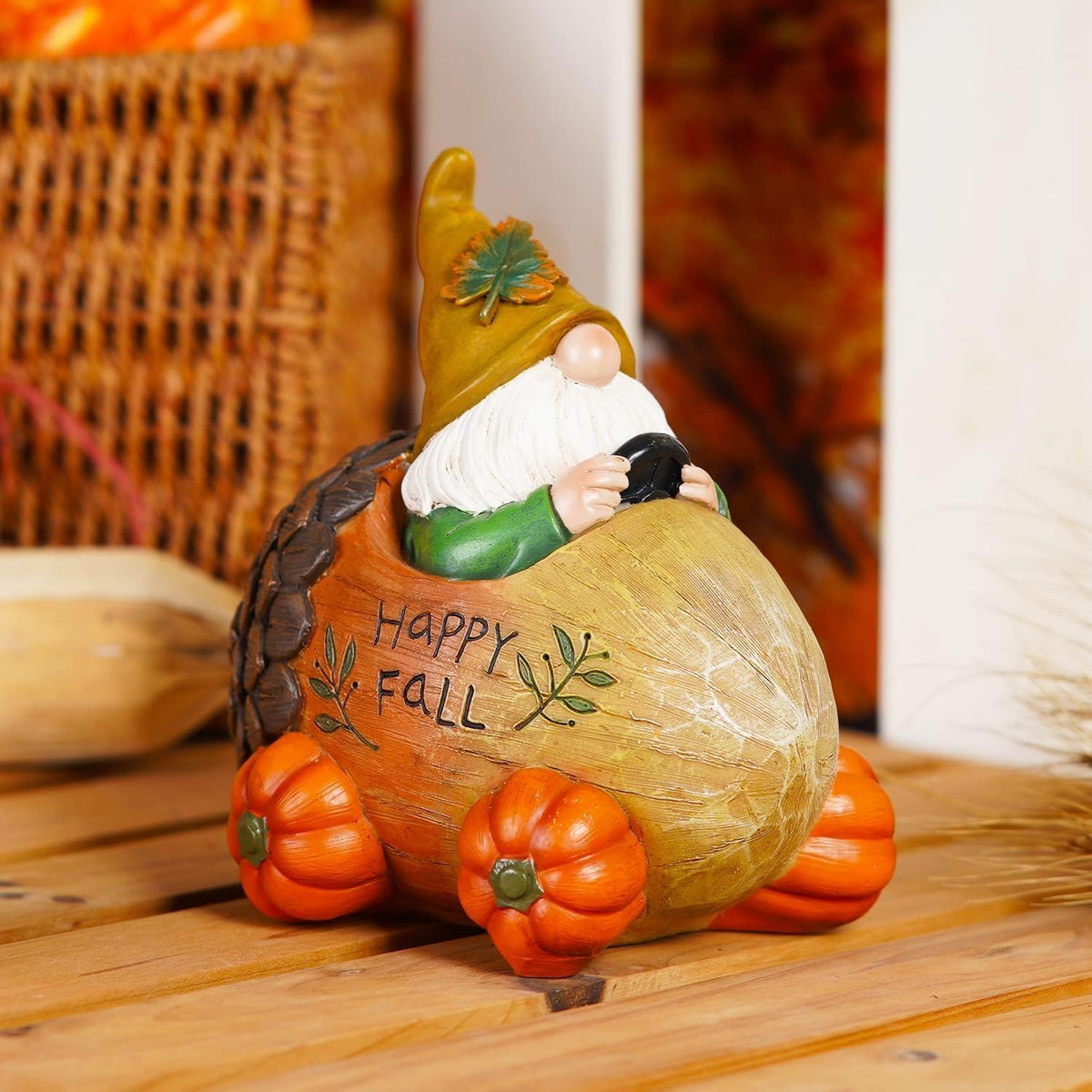 Topadorn Fall Gnome Statue Pine Cone Car with Pumpkin Wheel, Autumn Harvest Gnome Resin Figurine