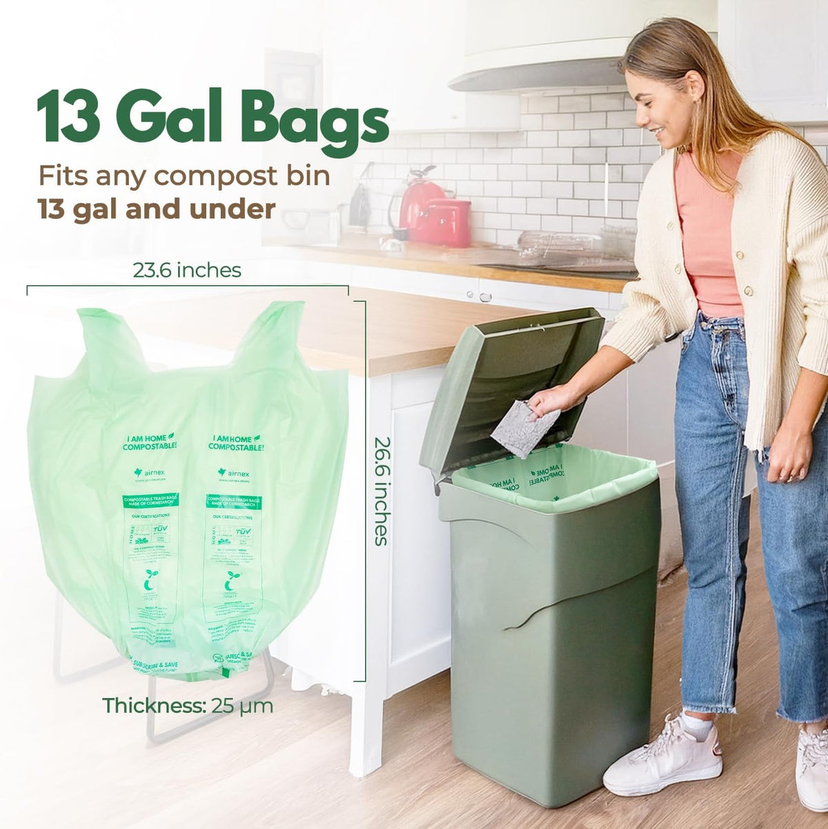 Compost Bags for Countertop Bin -Compostable Trash Bags made of Cornstarch - Leakproof & Tear