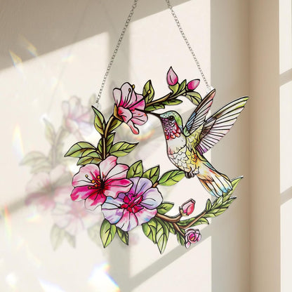 Stained Glass Window Hanging Hummingbird and Flower Suncatcher, Marzovitra 10 Inch Colorful Window
