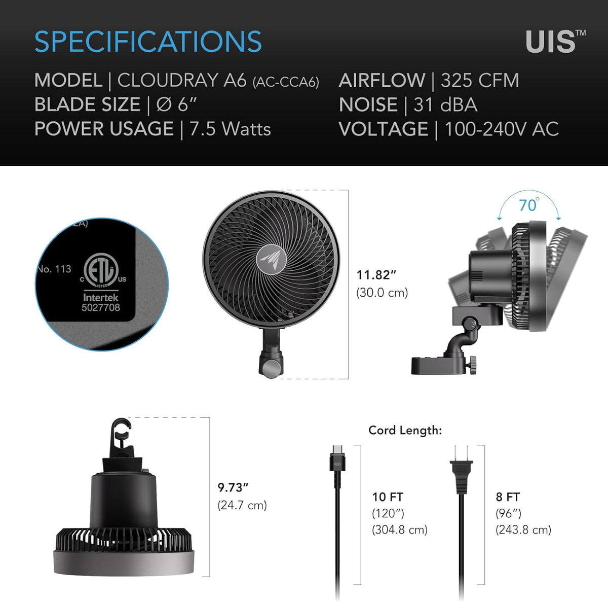 AC Infinity CLOUDRAY A6, Grow Tent Clip Fan 6” with Redesigned Long-Life EC Motor, Custom 10