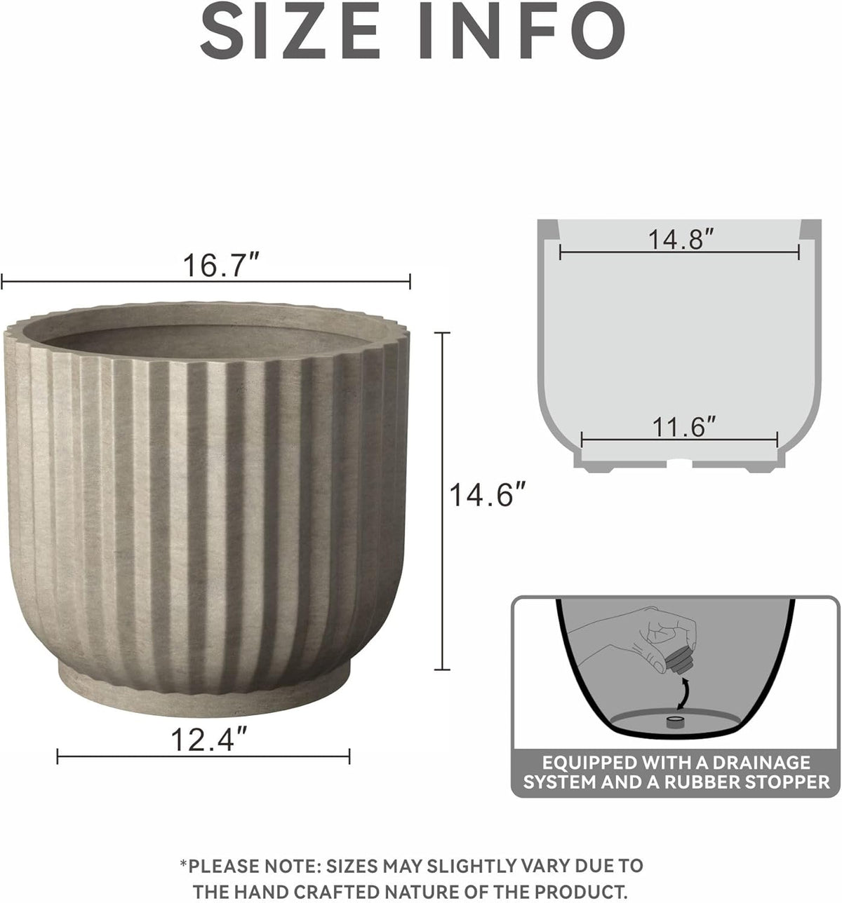 Kante Round Fulted Planter, 16.7 Inch Dia Large Concrete Plant Pots with Drainage Hole and Rubber