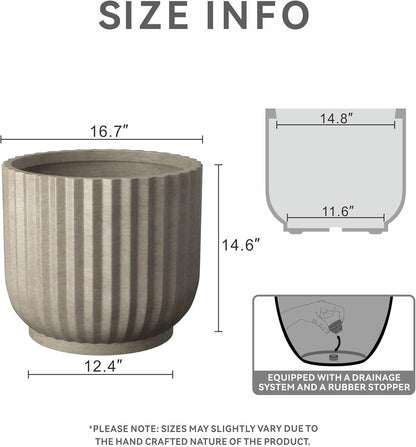 Kante Round Fulted Planter, 16.7 Inch Dia Large Concrete Plant Pots with Drainage Hole and Rubber