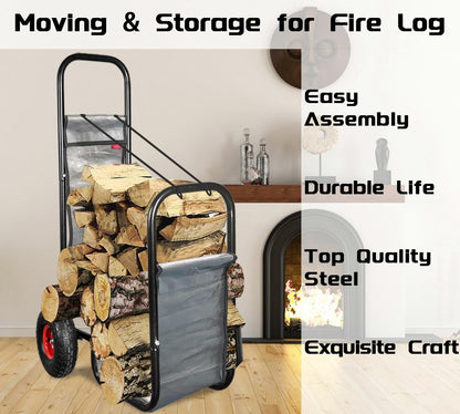 Firewood Cart: 44 X 27 X 20 in Heavy Duty 220 lbs Load Pneumatic Tires for Garden Backyard