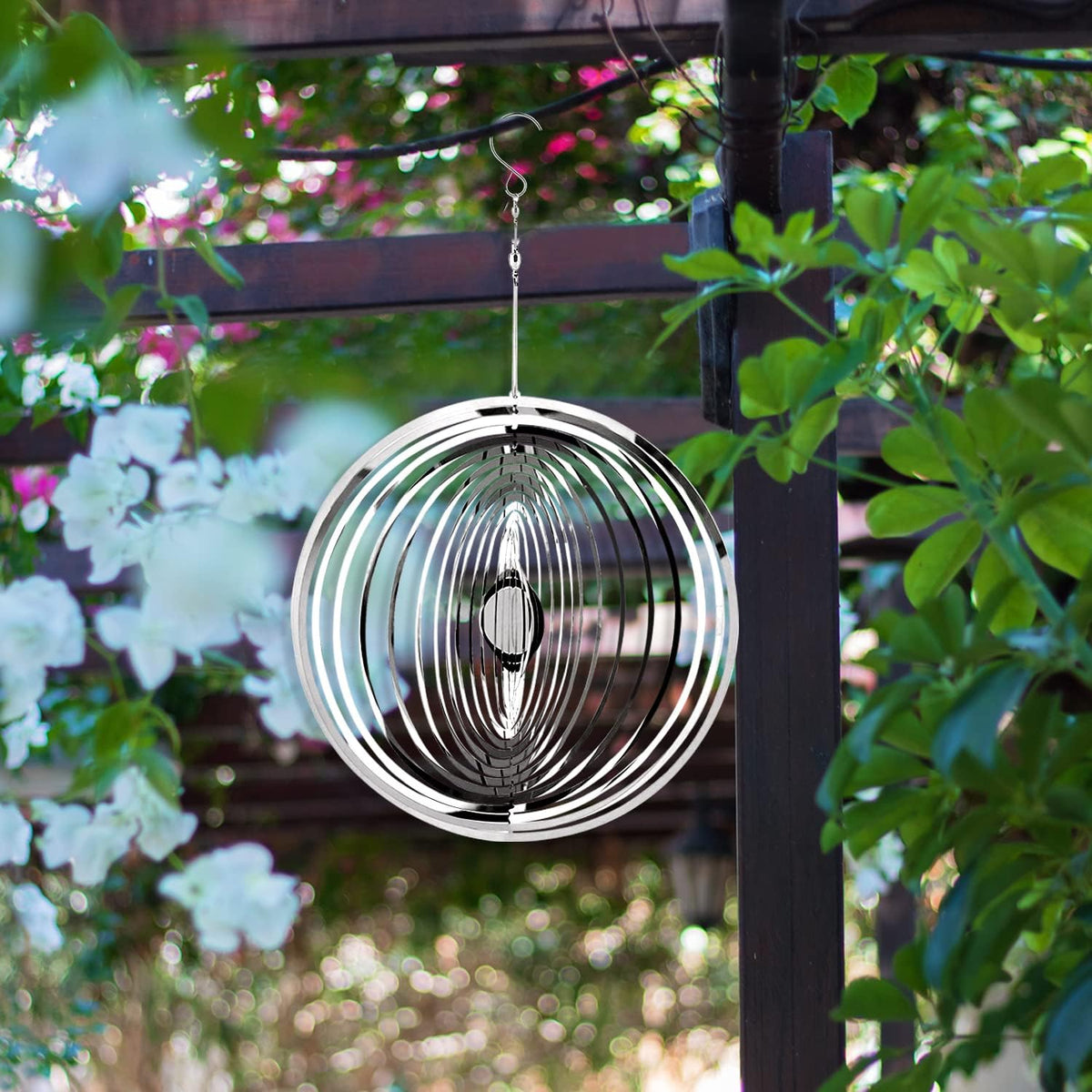 Hanging Wind Spinner Outdoor Metal Decorations, Silver Wind Spinners for Yard and Garden,3D Mirror