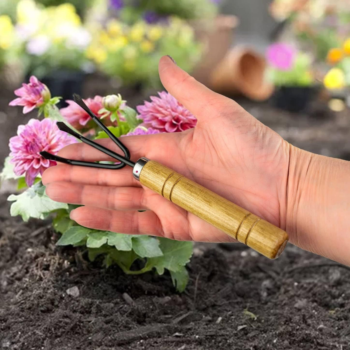 Gardenera Bonsai 3PC Gardening Tool Set: Rake, Spade, Shovel - Wooden Handles - Best Kit for Potted
