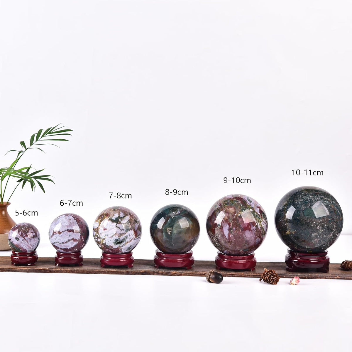 JIC Gem Natural Ocean Jasper Crystal Sphere Decorative Ball with Wooden Stand Meditation Balls for