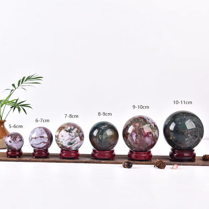 JIC Gem Natural Ocean Jasper Crystal Sphere Decorative Ball with Wooden Stand Meditation Balls for