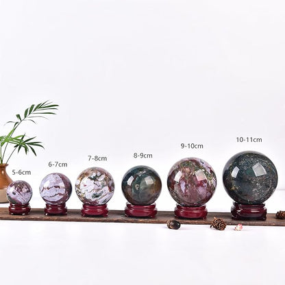 JIC Gem Large Ocean Jasper Crystal Sphere Ball with Wooden Stand Healing Decorative Ball Reiki