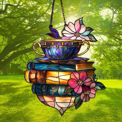Floral Coffee Cup and Books Acrylic Suncatcher Stained Glass Effect Window Car Hanging Christmas