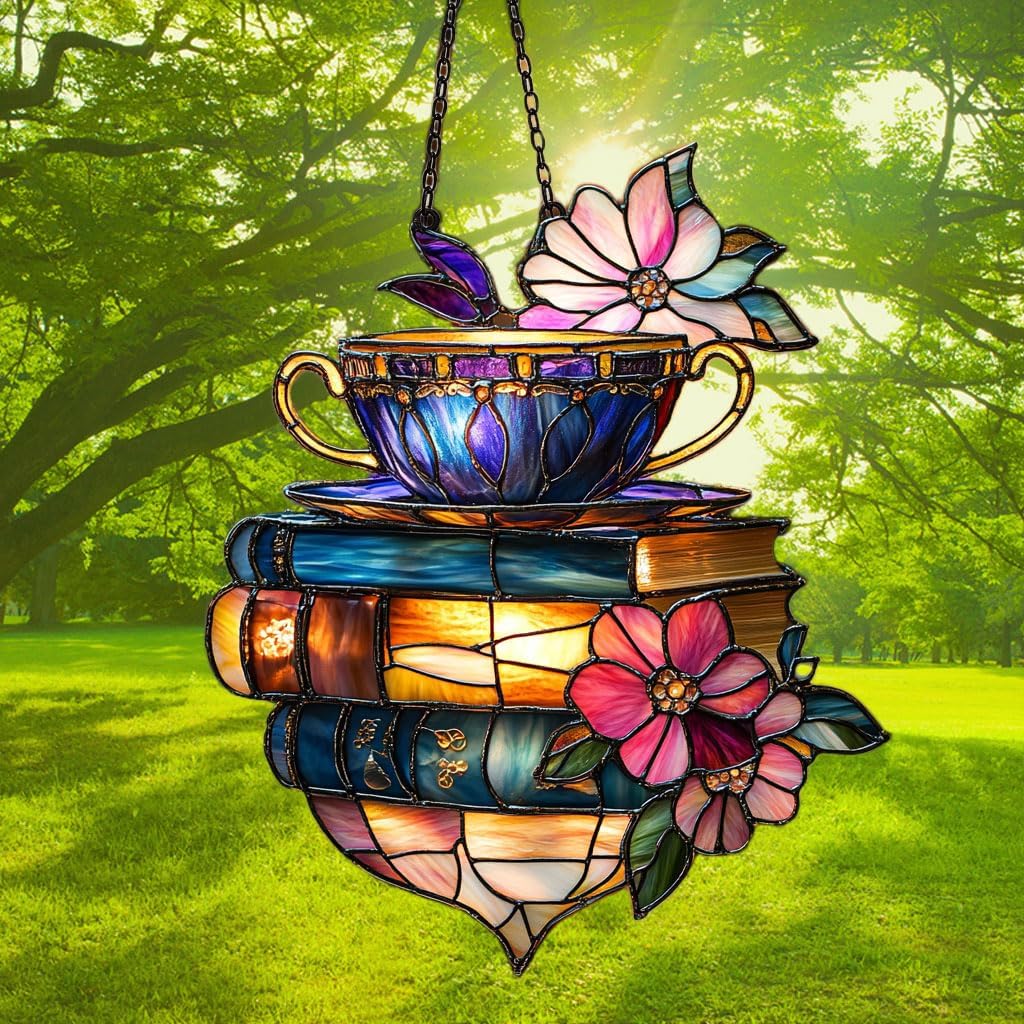 Floral Coffee Cup and Books Acrylic Suncatcher Stained Glass Effect Window Car Hanging Christmas