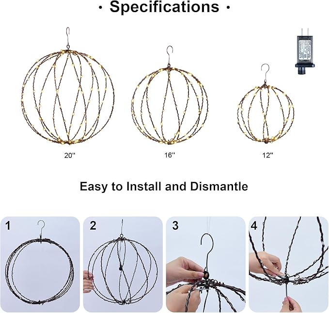 LIGHTSHARE 248LED 12IN+16IN+20IN Light Ball Yard Decoration Pathway Lights Brown Sphere Light Fold