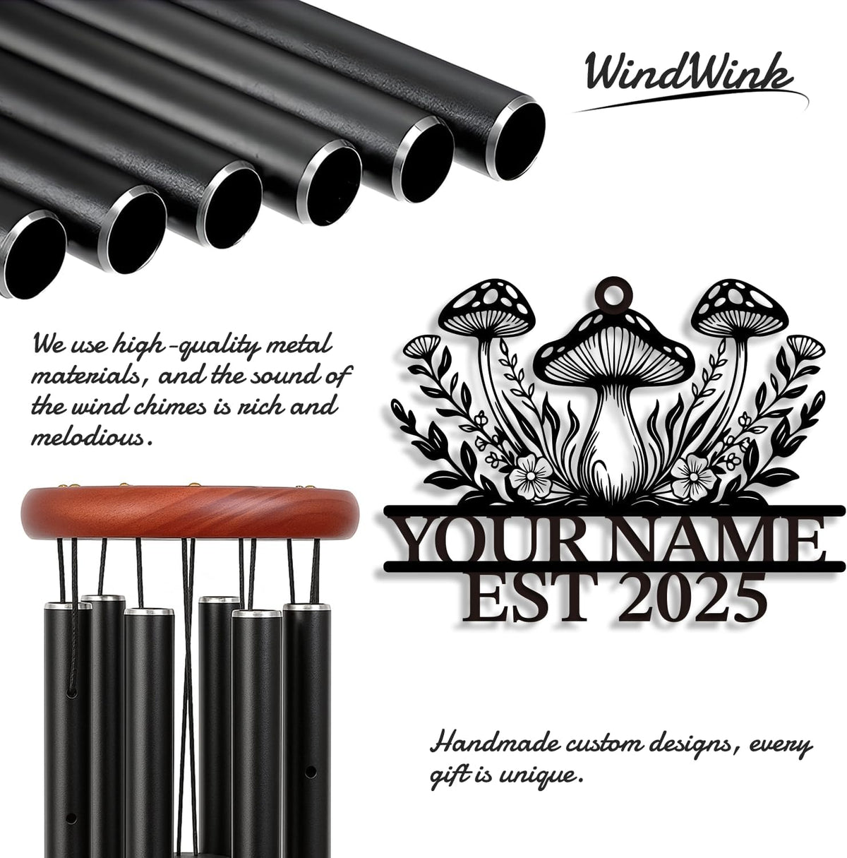 Personalized Customize Name Fantasy Mushroom Wonderland Wind Chime, Metal Iron 37 Inch Outdoor