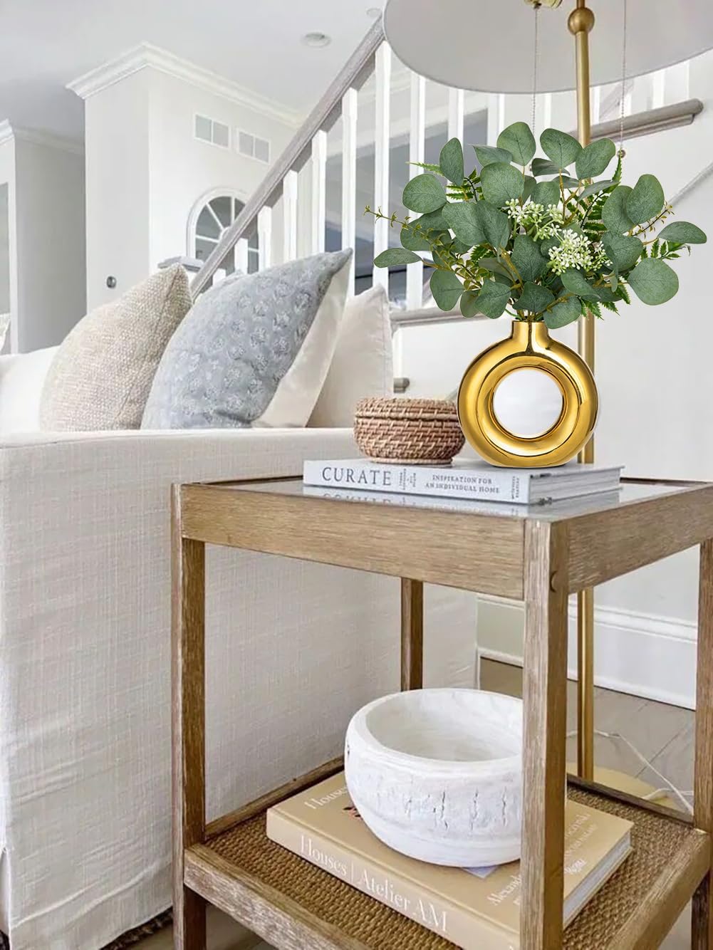 Artificial Eucalyptus Stems in Ceramic Vase 14.23" Fake Eucalyptus Plant Decor Gold Donut Vase with