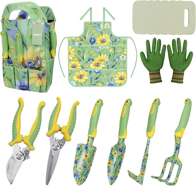 10-Piece Garden Tool Set – Green Floral Gardening Hand Tools with Non-Slip Handles, Heavy Duty