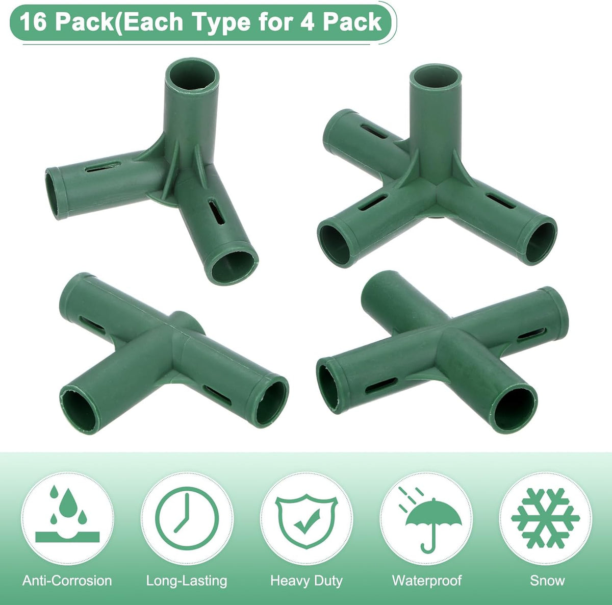 16 Pcs 19mm Greenhouse Frame Building Connectors, 4 Types Pipe Fitting for Grape Trellis/Sunscreen