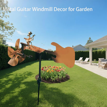 Garden Handmade Metal Rock Band Drummer Guitar Windmill, Kinetic Art Metal Sculpture Wind Spinners