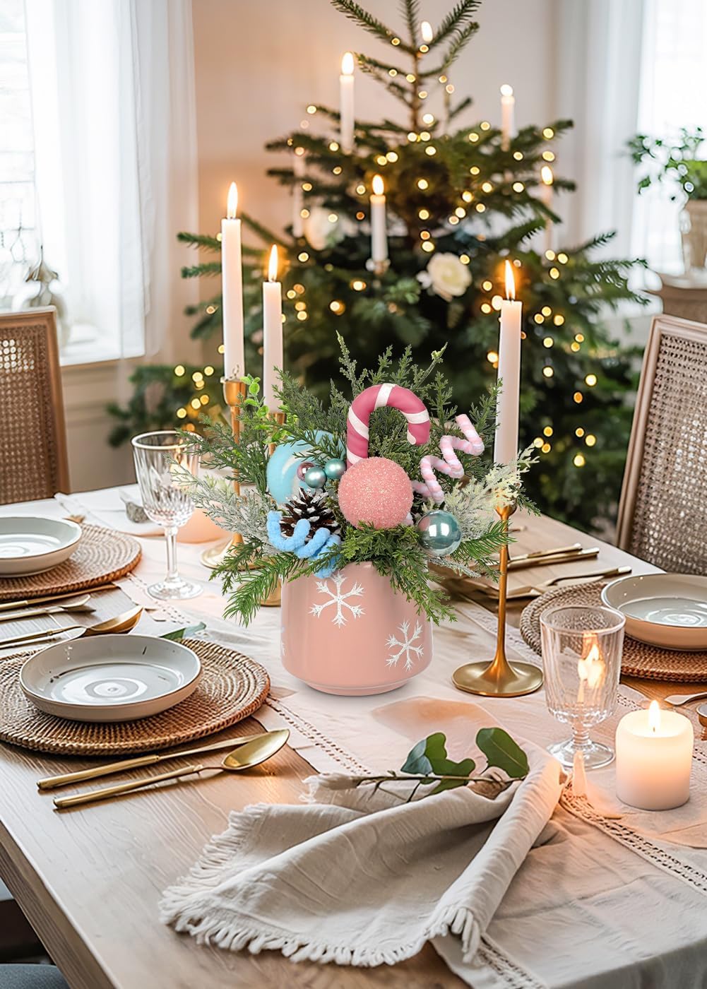 Christmas Centerpieces for Tables, Small Christmas Table Arrangements with Ceramic Vase Pink & Blue