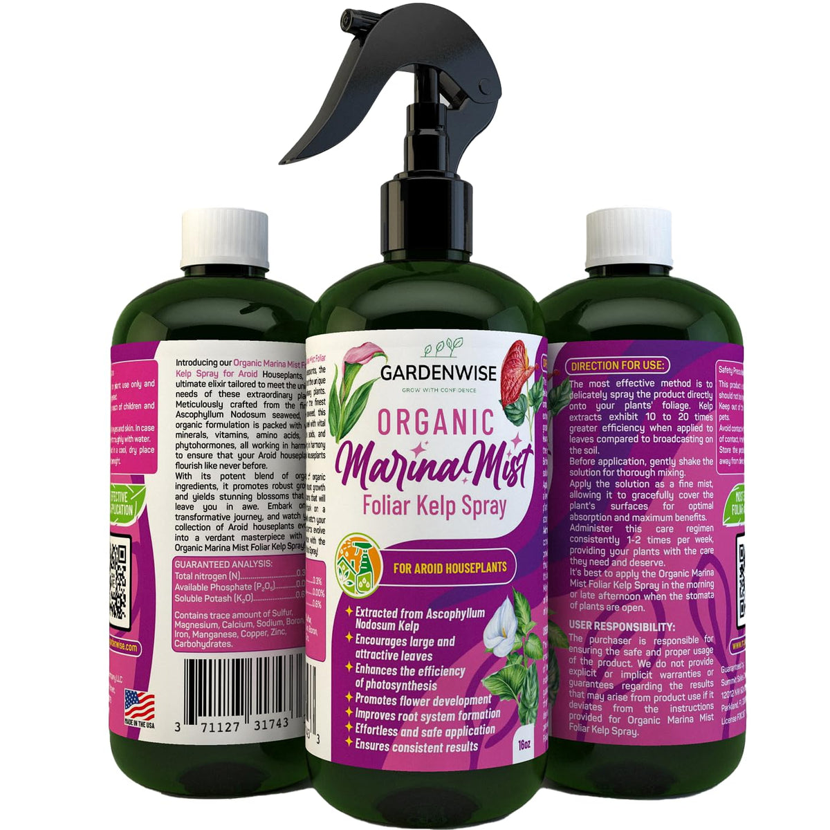 Marina Mist: Organic Aroid Plant Food & Foliar Kelp Spray - Nourish & Enhance Peace Lily, ZZ Plant