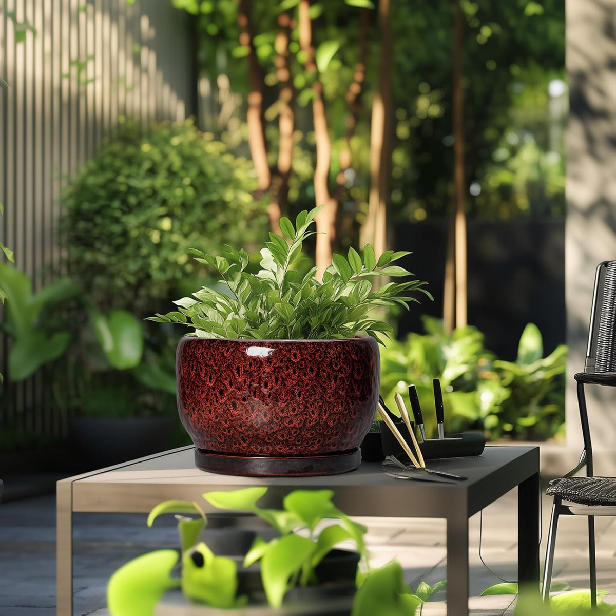 SQOWL Ceramic Flower Pots - 10 Inch Plant Pot Indoor, Ceramic Planter with Drainage Hole and