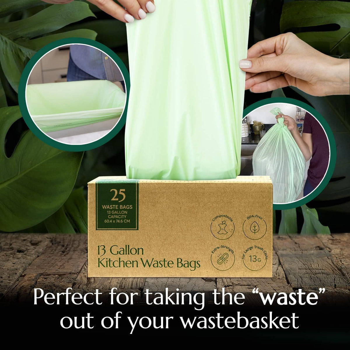Cleanomic Compostable* 13 Gallon Trash Bags with Drawstring (3 Pack, 75 Count), BPI Certified For