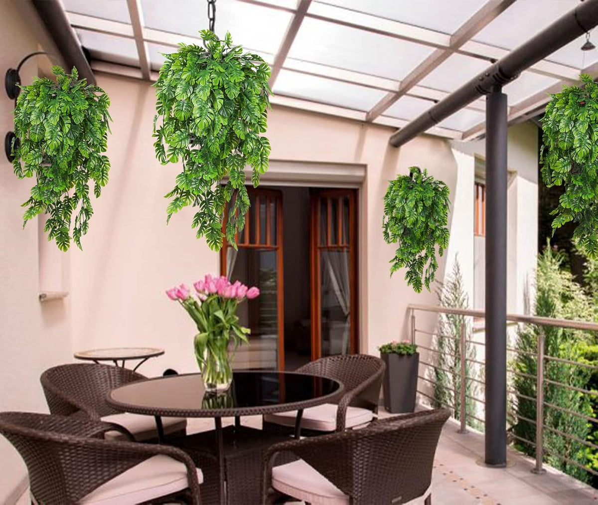 RECUTMS Artificial Hanging Plants 4Pcs, Fake Monstera Leaves Ivy Vine Faux Greenery UV Resistant