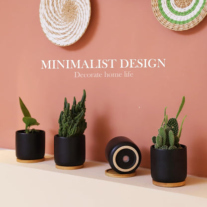 OMAYKEY 4 Inch Ceramic Plant Pot with Saucer, Black Planters Pots with Drainage Hole and Mesh Pads