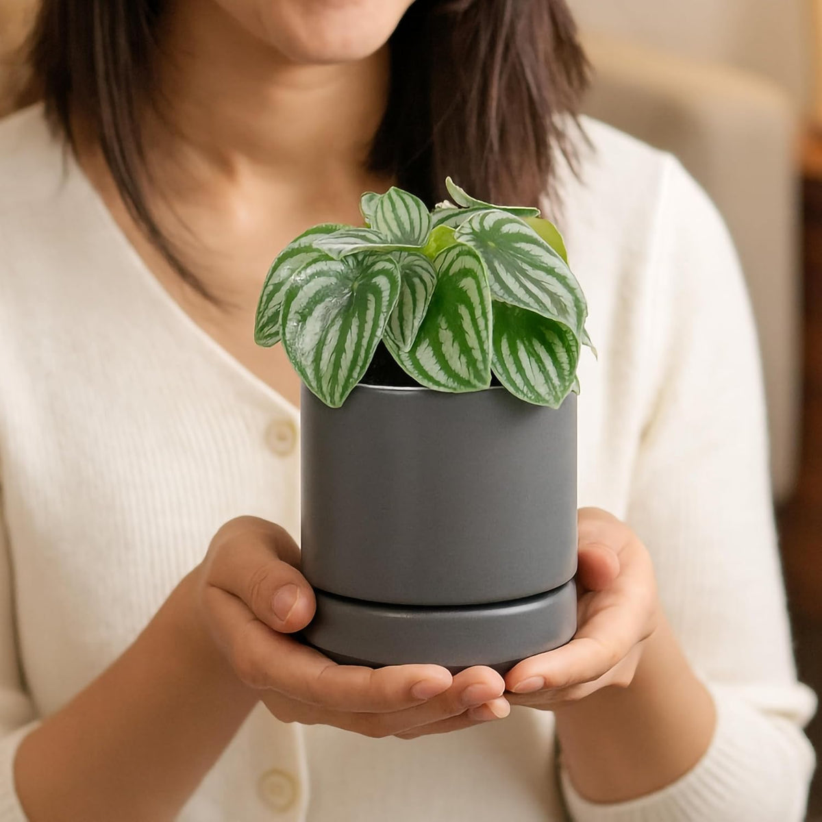 D'vine Dev Set of 4 Small Ceramic Plant Pots, 4.7 Inch Succulent Planter Pot for Plants with
